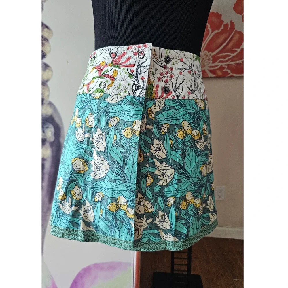 ASHA Floral Reversible Full Wrap Skirt‎ Pockets Teal Green Cotton Patchwork OSFM